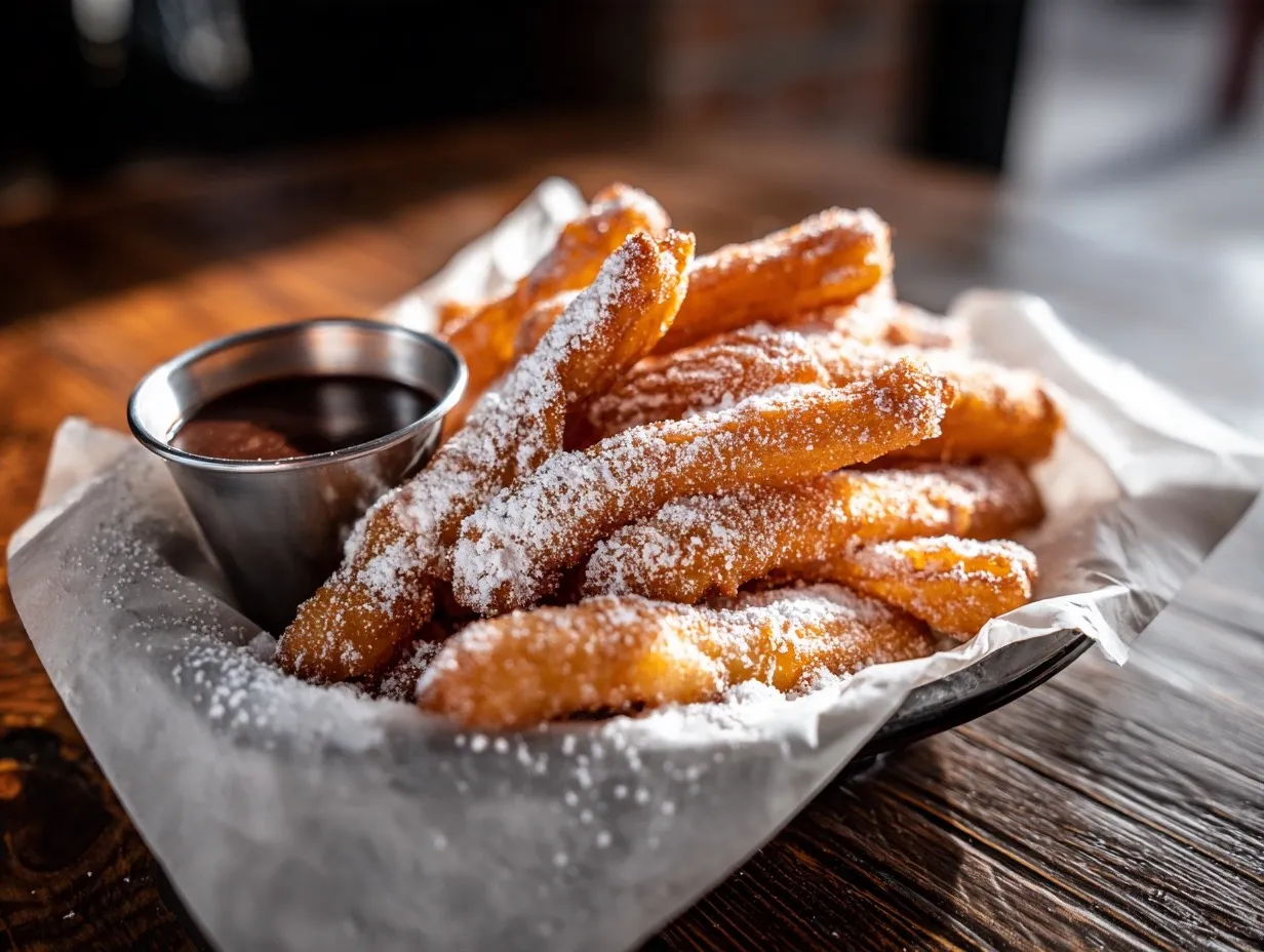 Funnel cake fries with powdered sugar